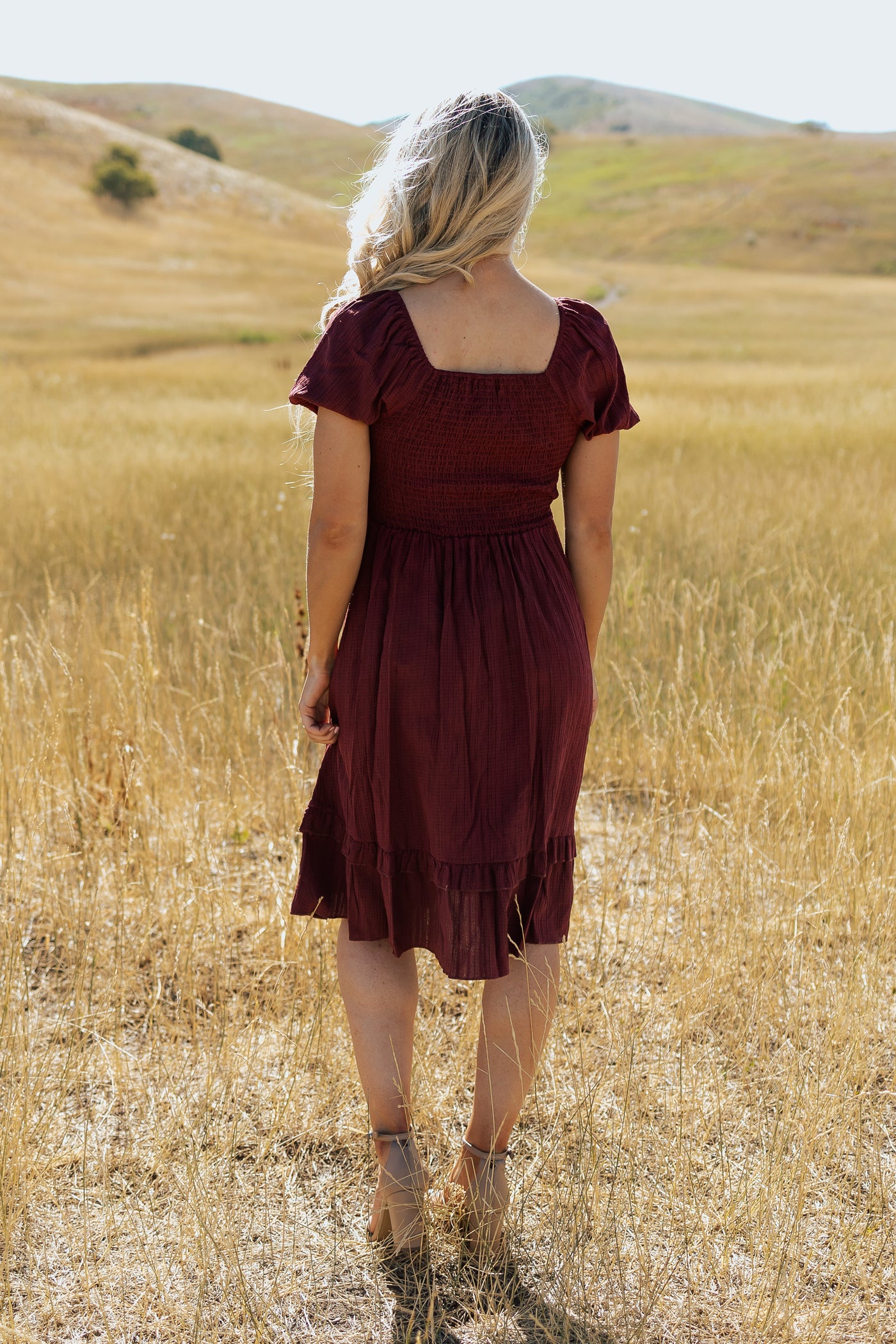 A back shot of a red, modest dress with a square back and a knee-length skirt.