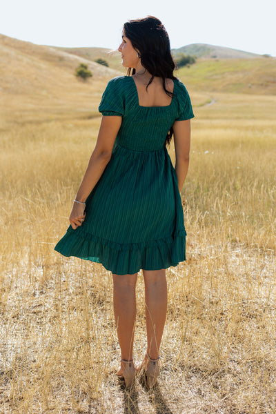 A back shot of a green, modest dress with a square back, defined waistline, and a knee-length skirt.