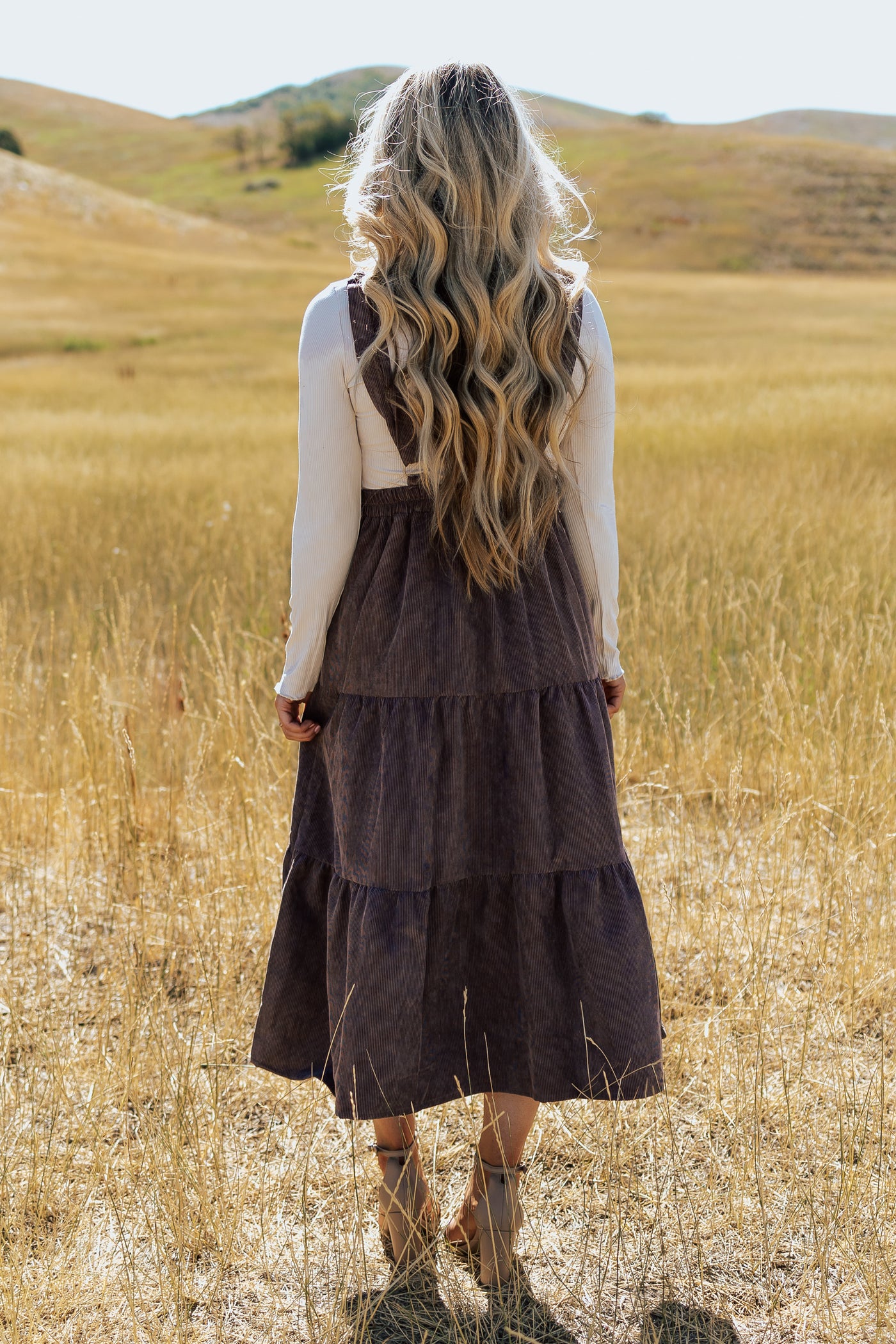 A back shot of a modest dress with corduroy fabric and tiered skirt.