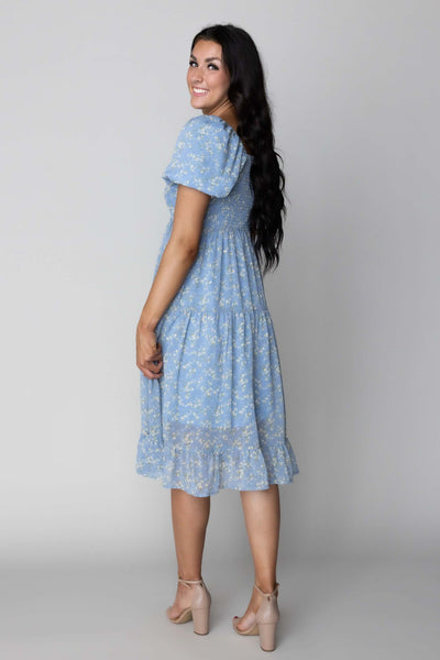 Thsi modest dress features a smocked baack and floral details over a baby blue color.