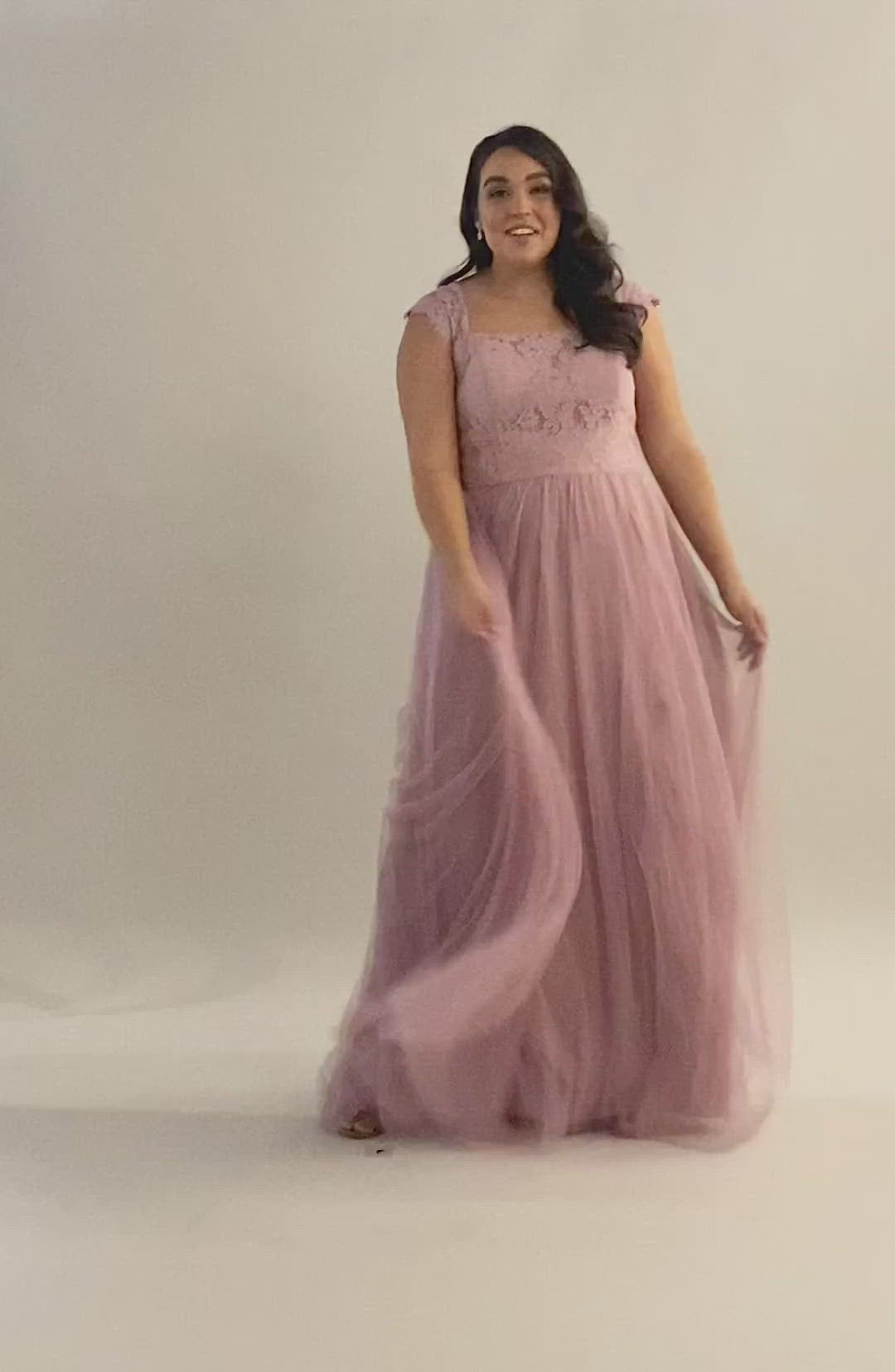 Video of lace bodice with strap sleeves and a square neck and tulle skirt. Modest Dresses - Modest Prom Dress - Formalwear Modest Dresses - Bridesmaid Modest Dresses.