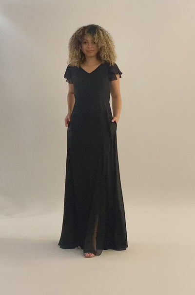Video of  v back with a seamless zipper and flutter sleeves. Modest Dresses - Modest Prom Dress - Formalwear Modest Dresses - Bridesmaid Modest Dresses. 