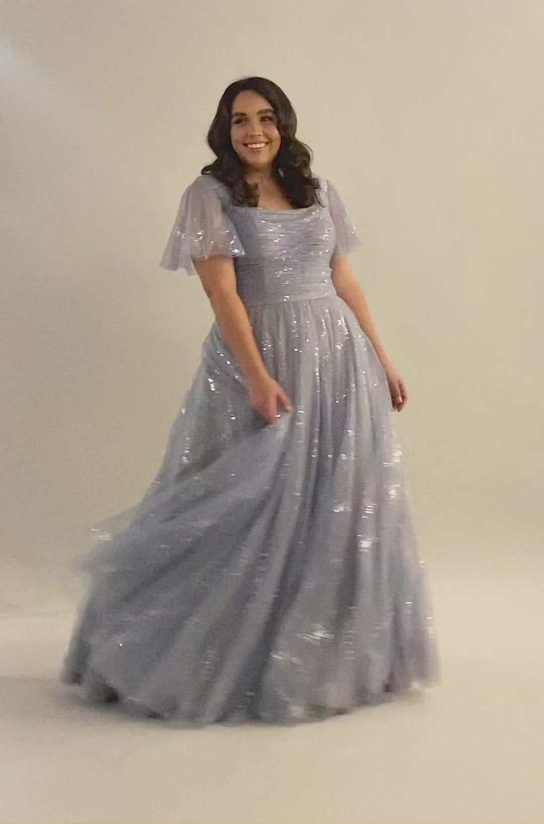 Modest Dresses - Modest Prom Dress - Formalwear Modest Dresses - Bridesmaid Modest Dresses. Video of modest prom dress with square neck and flutter sleeves and sparkly tulle skirt. 