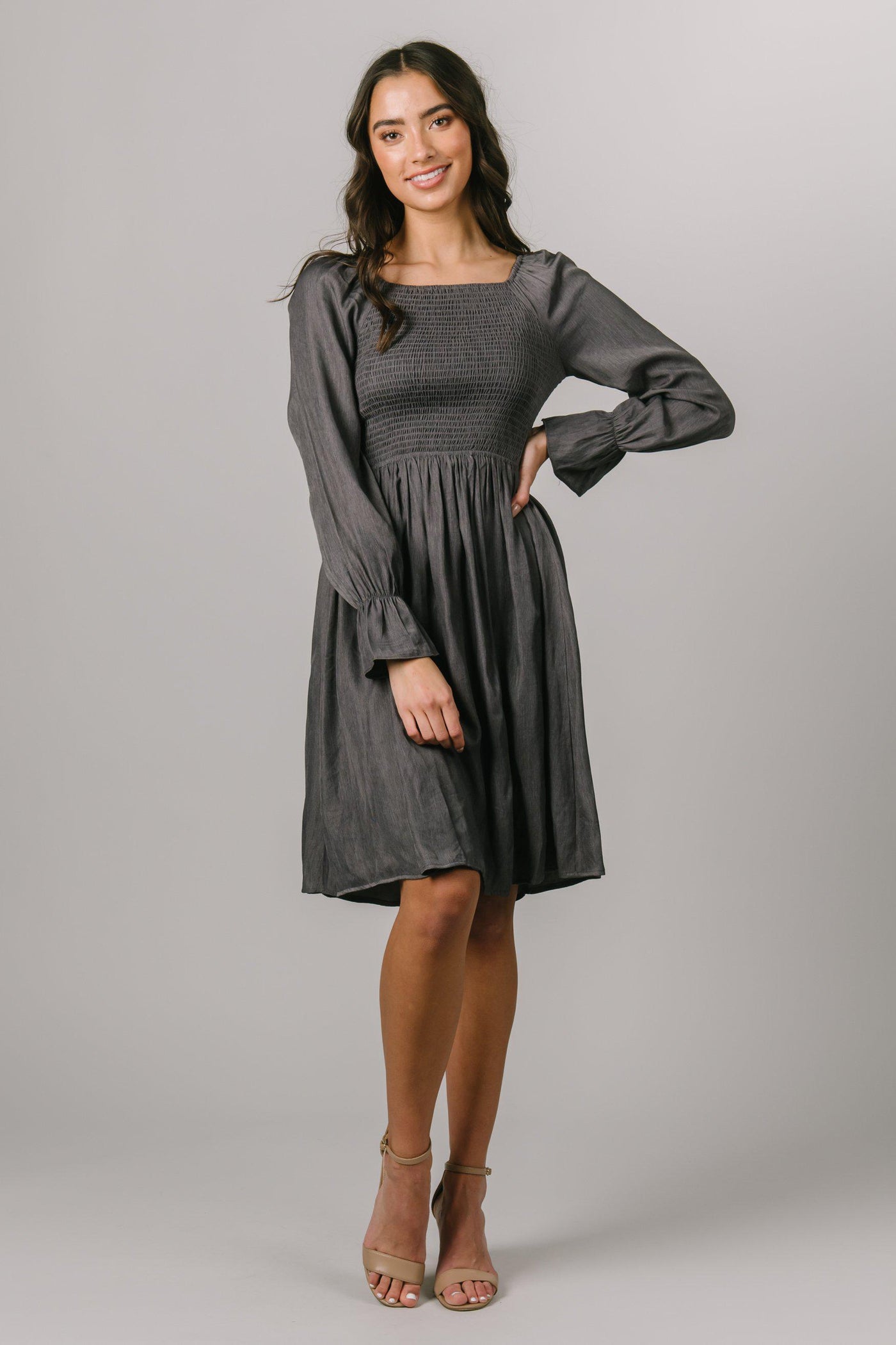 A fun take on an everyday modest dress! Showing a smocked bodice, and knee length hem and long sleeves this will be your new favorite dress. Modest Dresses - Modest Clothing - Everyday Modest Dresses