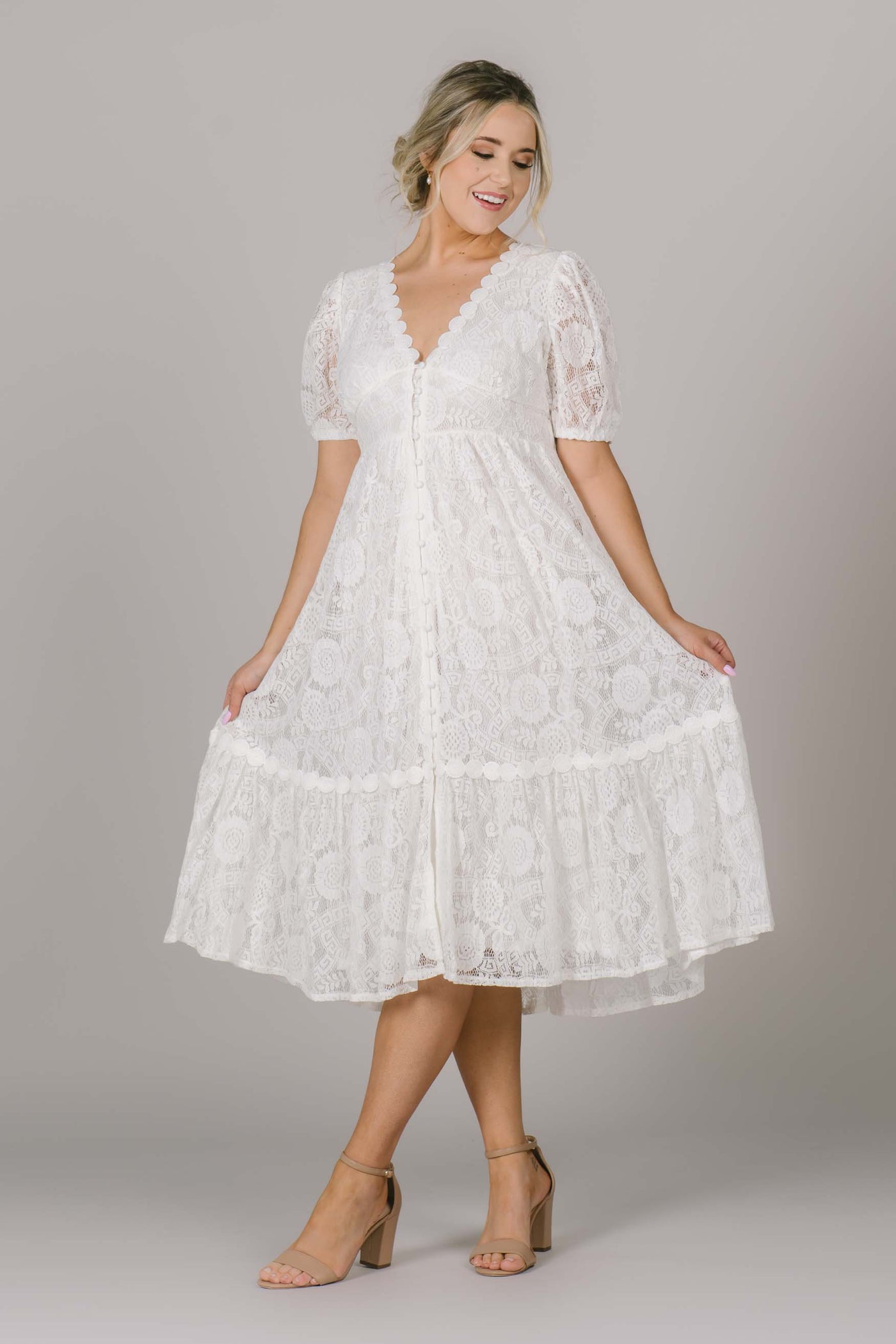 Modest dress perfect for a getaway dress with lace detail all over, buttons down the front and a v-neck. 
