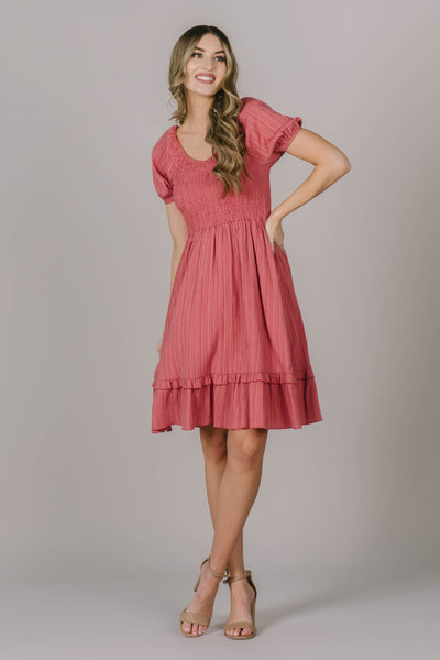 Modest Dress in Utah with the cutest puff sleeves, smocking across the chest and a flattering scoop neck.