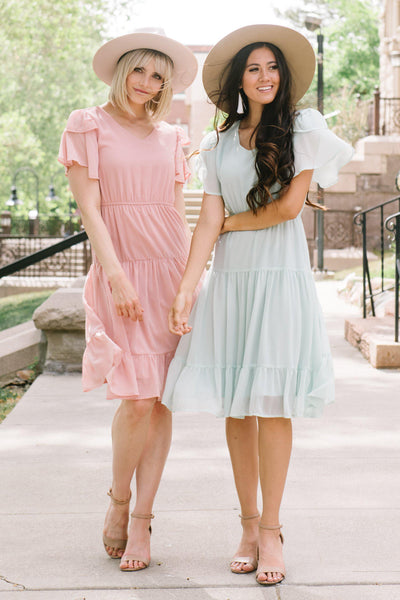 Modest pink tiered dress. Down to the knee. Flutter sleeves and v-neck. Modest Dresses - Modest Clothing - Everyday Modest Dresses - Bridesmaid Modest Dresses.