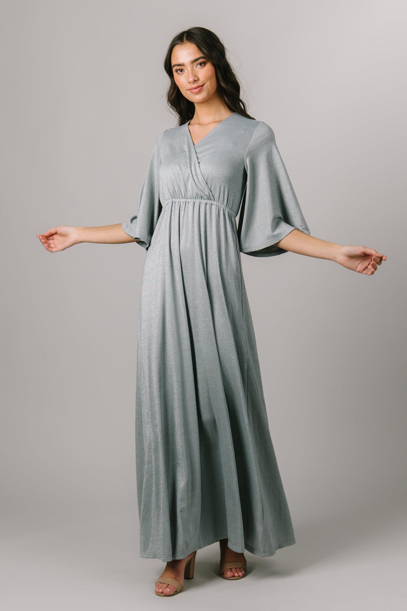  This Modest Dress shows off with a shimmer fabric, maxi length, and a wrap-like bodice. - Modest Dresses - Modest Clothing - Modest Bridesmaid Dresses