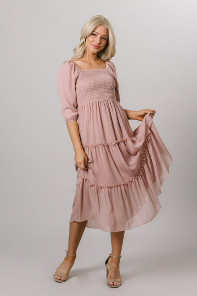 Rose cloud in a smocked tiered chiffon dress. Modest Dresses - Modest Clothing - Everyday Modest Dresses - Bridesmaid Modest Dresses. 
