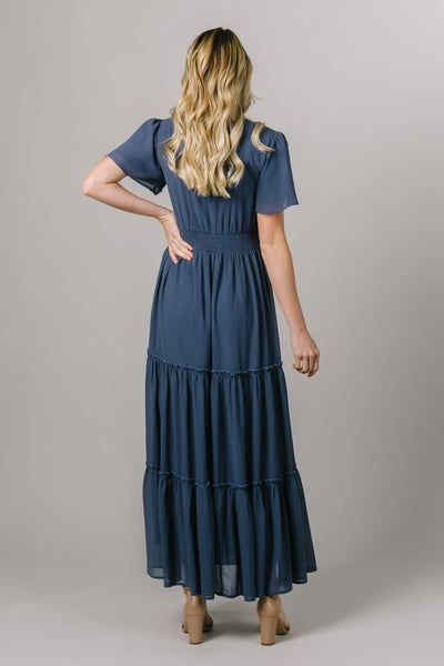This modest dress is so fun! It features a v-neckline and flutter sleeves with a tiered skirt. - Modest Dresses - Modest Clothing - Modest Bridesmaid Dresses