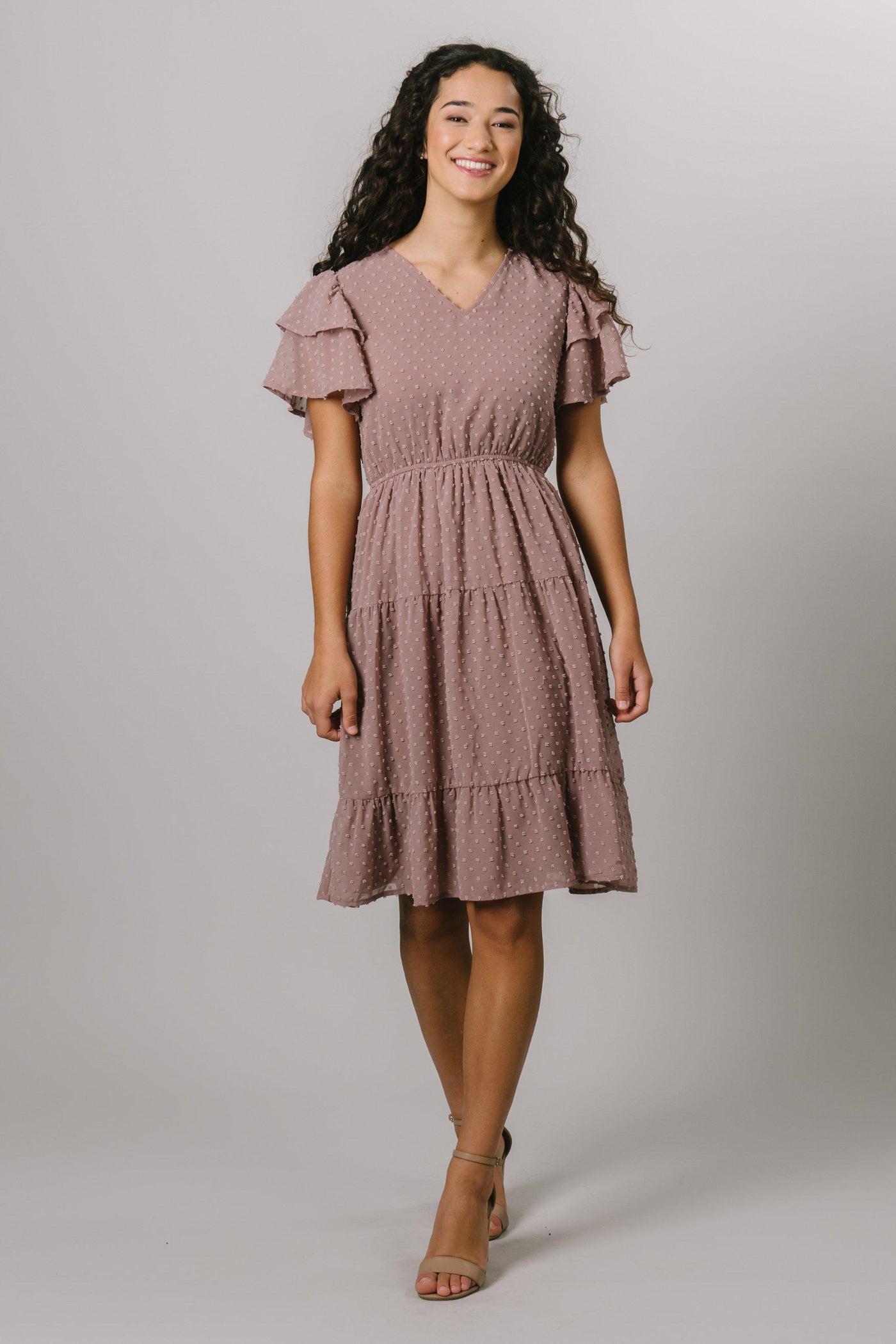 Modest Dresses - Modest Clothing - Everyday Modest Dresses - Bridesmaid Modest Dresses.  This dress is in the color woodrose. The dress features a swiss dot fabric, it is a knee length dress with panels. 
