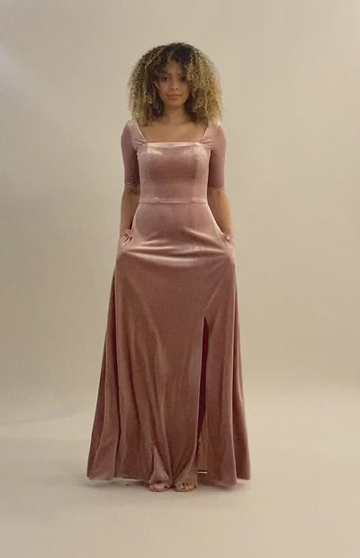 Video of a square neckline with 3/4 sleeves and a slit in the skirt. Modest Dresses - Modest Prom Dress - Formalwear Modest Dresses - Bridesmaid Modest Dresses.