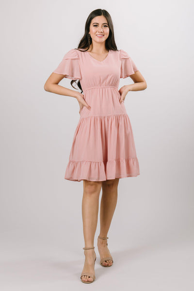 Modest pink tiered dress. Down to the knee. Flutter sleeves and v-neck.  Modest Dresses - Modest Clothing - Everyday Modest Dresses - Bridesmaid Modest Dresses.