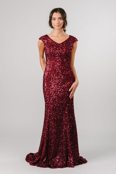 Burgundy modest military ball gown from Moments Made. Modest Dresses - Modest Clothing - Modest Formalwear Dresses - Bridesmaid Modest Dresses. 