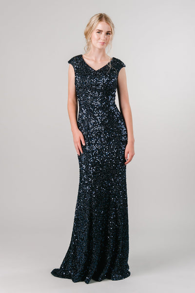 Navy modest military ball gown from Moments Made. 