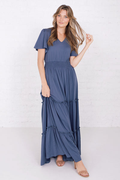 Smocked waist tiered midi dress in cove night shadow color.Modest Clothing - Modest Dresses - Modest Bridesmaid Dresses
