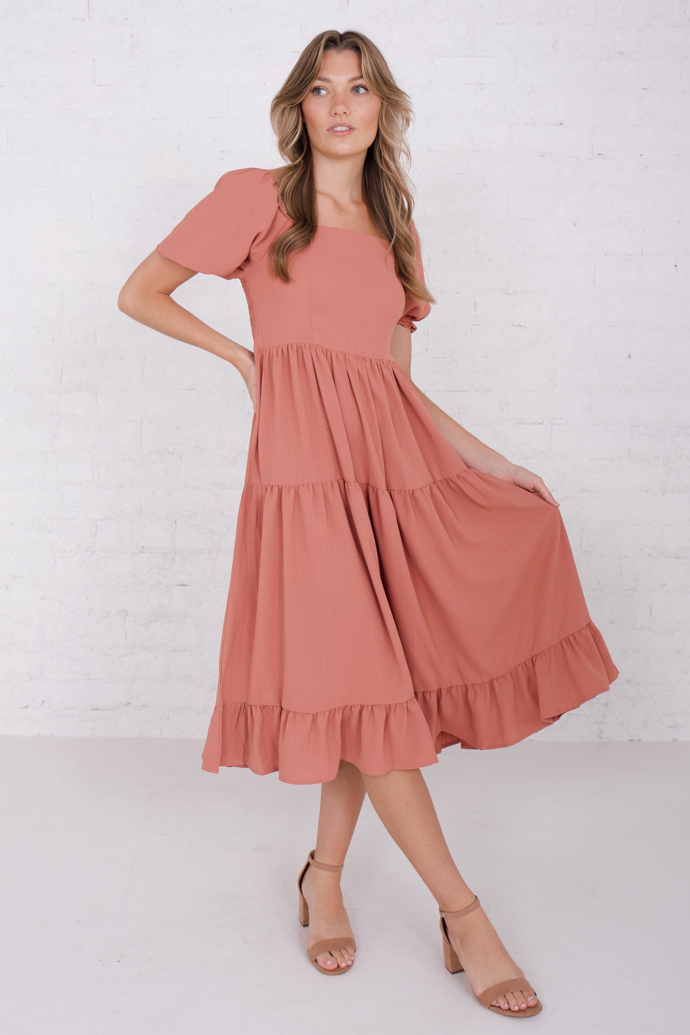 Poppy Auburn tiered midi smocked dress with puff sleeves. Modest Clothing - Modest Dresses - Modest Bridesmaid Dresses