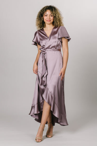 A satin dress in light mauve, it wraps and you can tie it with a bow. Modest Dresses - - Everyday Dresses - Modest Prom Dress - Formalwear Modest Dresses - Bridesmaid Modest Dresses.