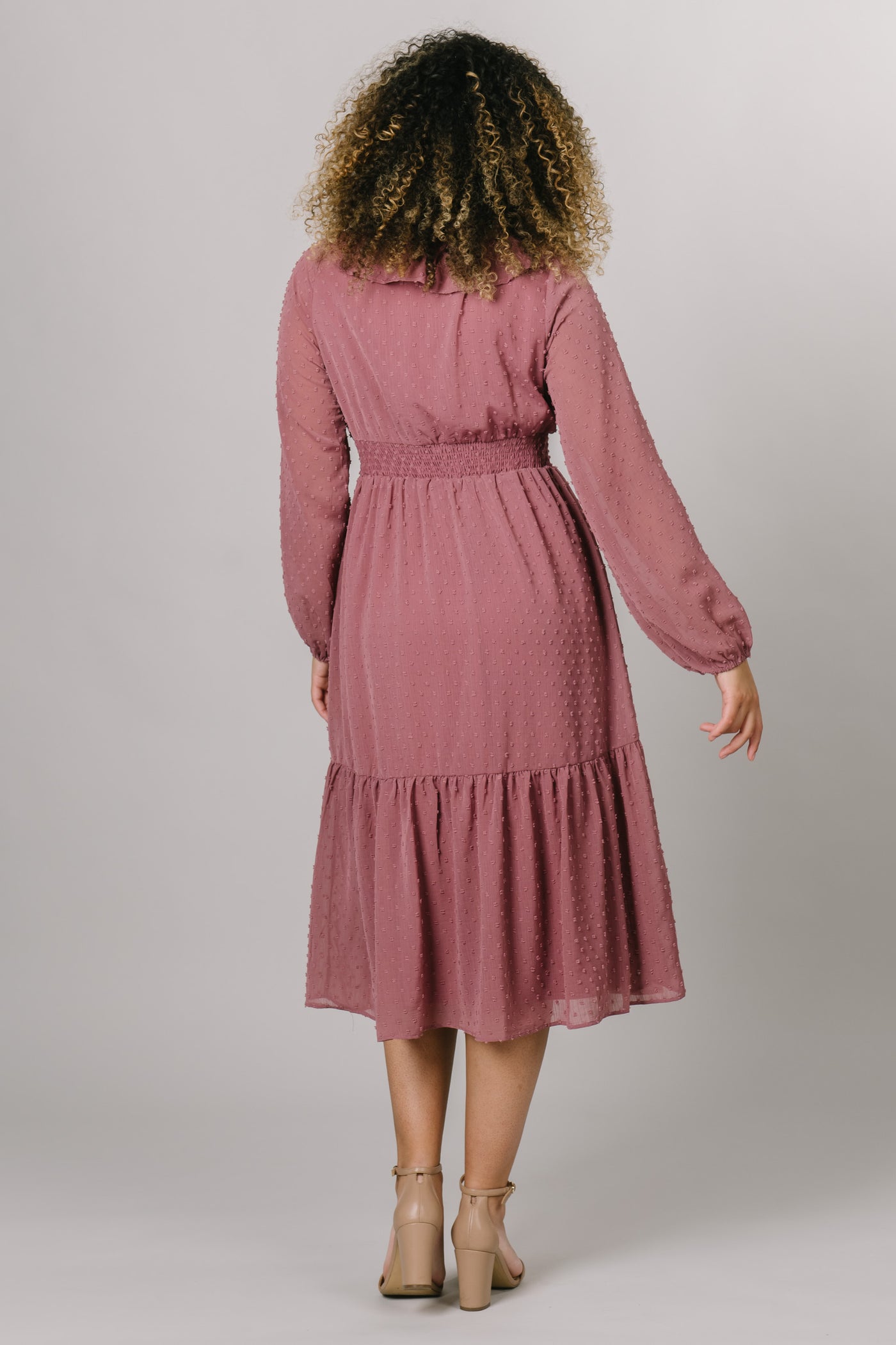 Back view of long sleeves with swiss dot fabric all around. Modest Dresses - - Everyday Dresses - Modest Prom Dress - Formalwear Modest Dresses - Bridesmaid Modest Dresses.