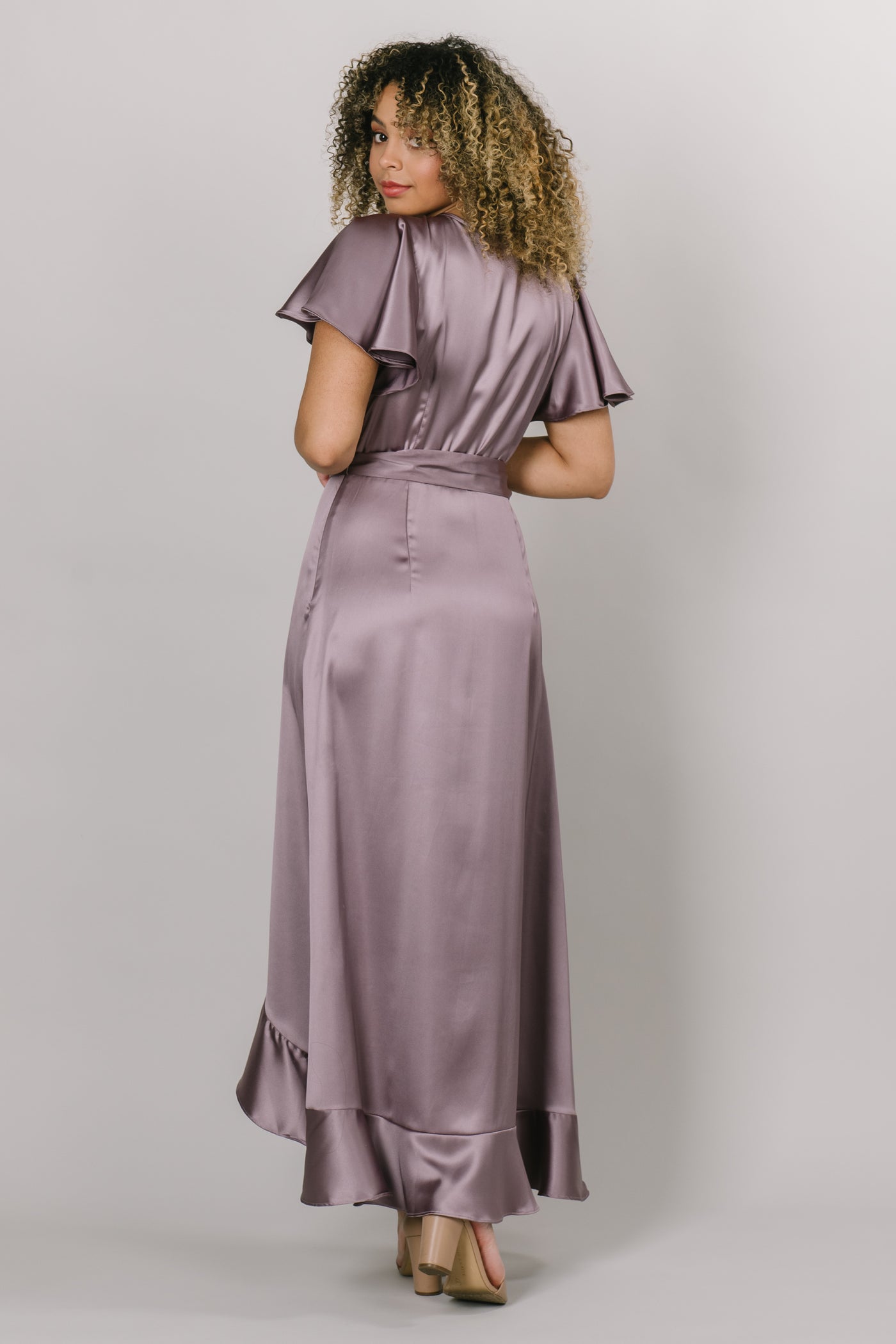 Satin wrap dress with flutter sleeves and a tie for the waist. Modest Dresses - - Everyday Dresses - Modest Prom Dress - Formalwear Modest Dresses - Bridesmaid Modest Dresses.