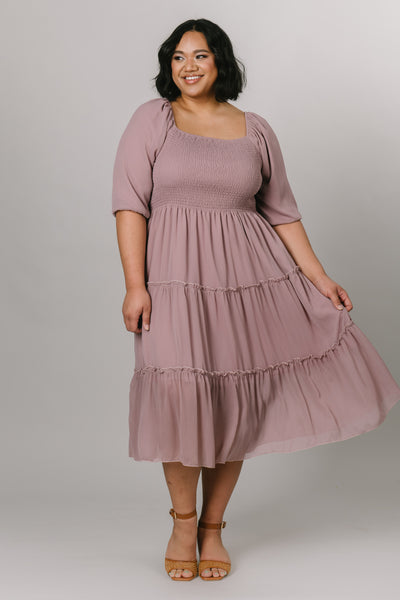 Front view of the smocked tiered chiffon in twilight  mauve. Modest Dresses - Everyday Dresses - Modest Prom Dress - Formalwear Modest Dresses - Bridesmaid Modest Dresses.