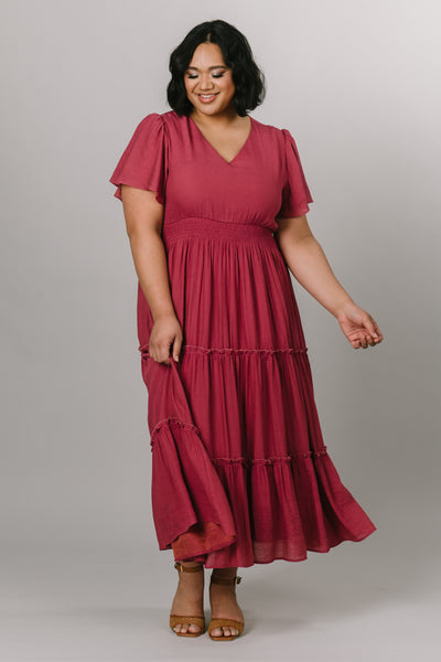 Modest Clothing - Modest Dresses - Modest Bridesmaid Dresses Smocked waist midi dress with tiers.