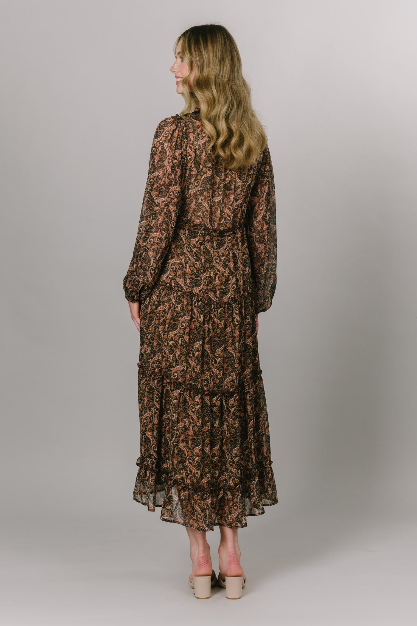 Tiered midi dress with a paisley pattern. Modest Dresses - Everyday Dresses - Modest Prom Dress - Formalwear Modest Dresses - Bridesmaid Modest Dresses.