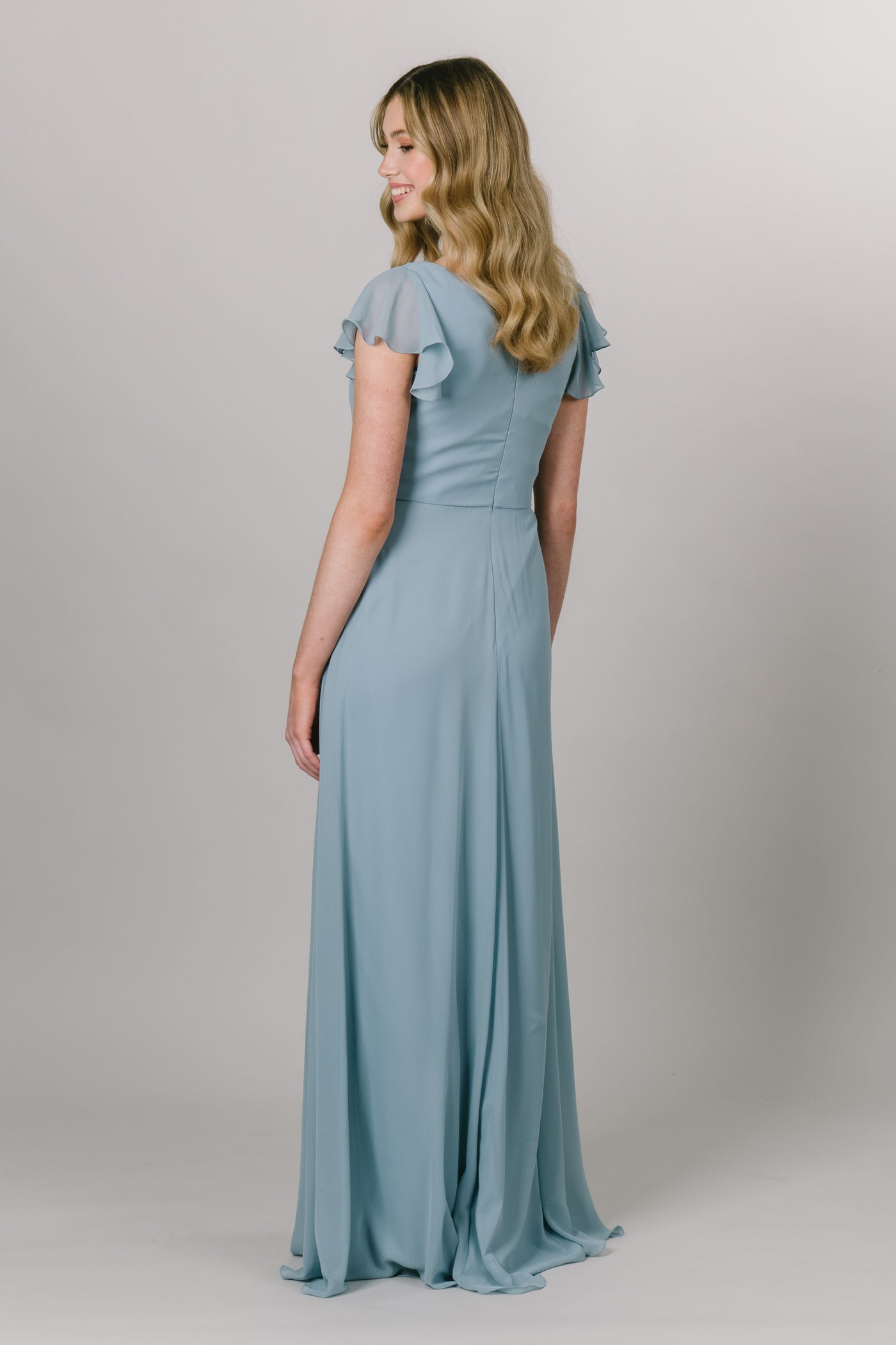 Back view of the blue dress to floor length. Modest Dresses - Modest Prom Dress - Formalwear Modest Dresses - Bridesmaid Modest Dresses. 