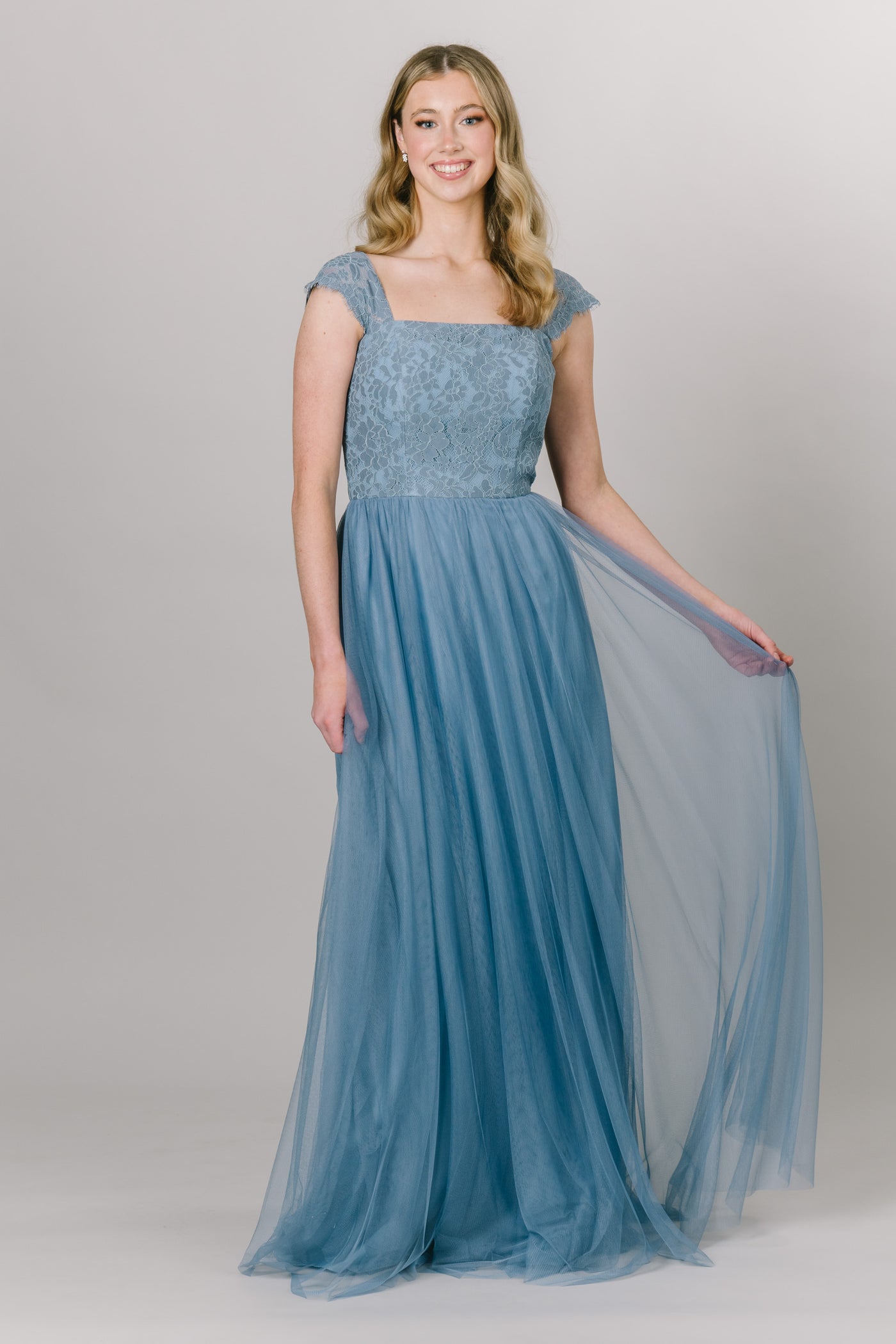 Blue dress with a tulle skirt. Modest Dresses - Modest Prom Dress - Formalwear Modest Dresses - Bridesmaid Modest Dresses. 