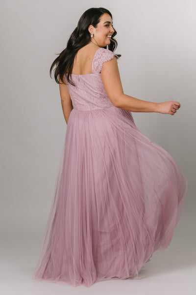 back view of pink dress with lace skirt and tulle bottom. Modest Dresses - Modest Prom Dress - Formalwear Modest Dresses - Bridesmaid Modest Dresses. 