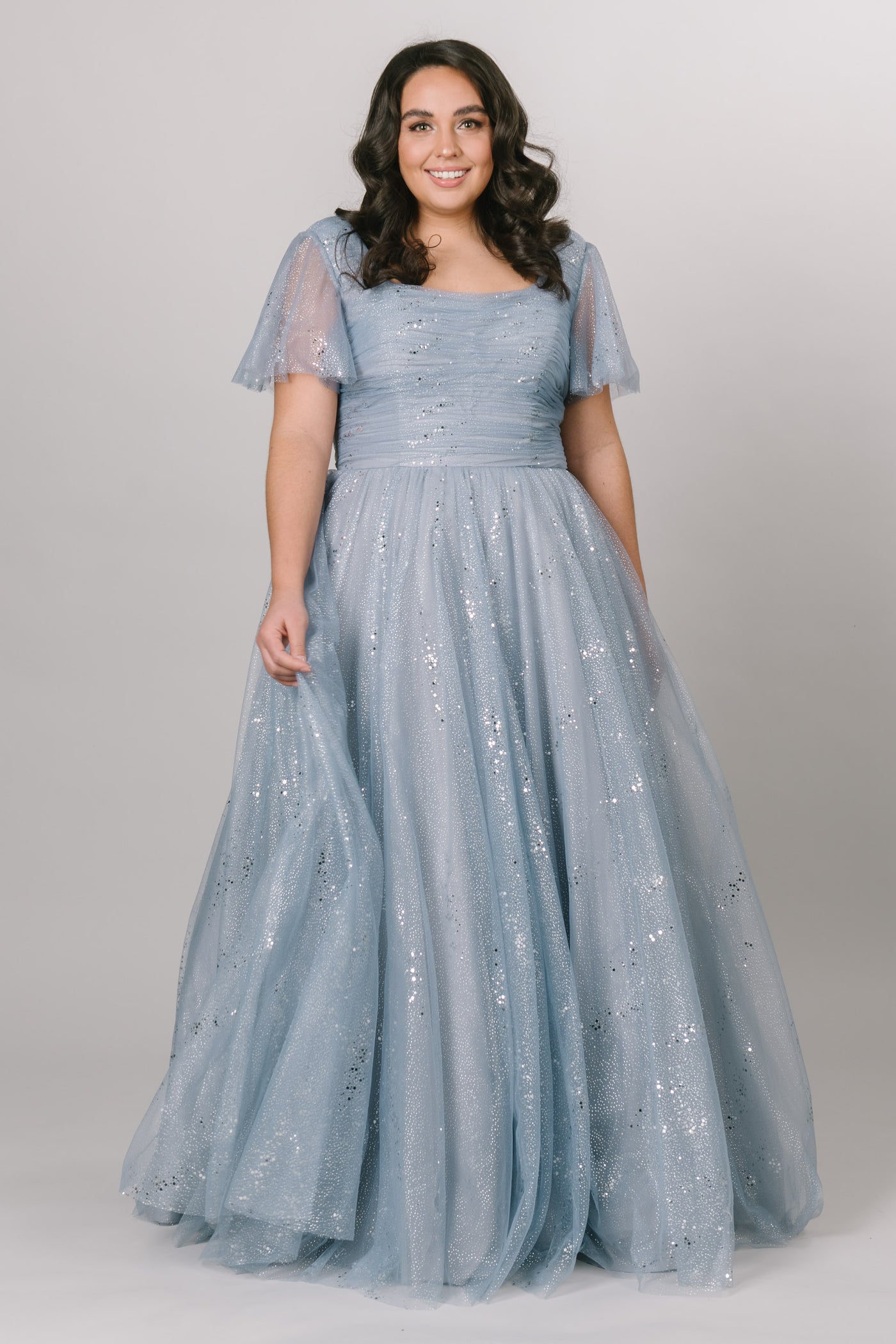 Modest Dresses - Modest Prom Dress - Formalwear Modest Dresses - Bridesmaid Modest Dresses.  Slate ballgown with flutter sleeves and a  square neckline and the whole dress has sequins.