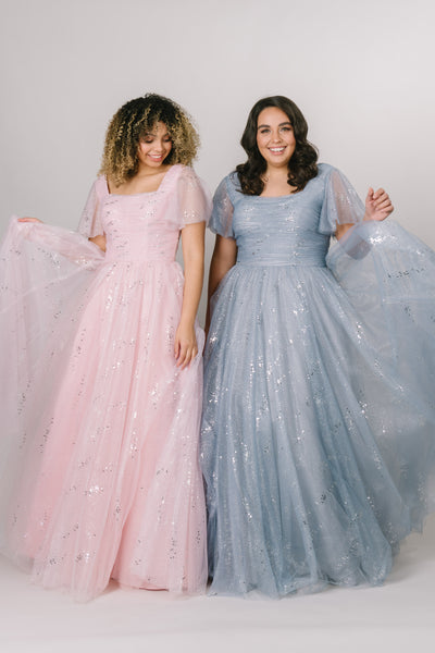 Modest Dresses - Modest Prom Dress - Formalwear Modest Dresses - Bridesmaid Modest Dresses.  Pink and blue  tulle ballgowns with sparkle.