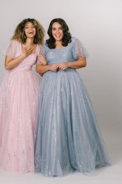 Modest Dresses - Modest Prom Dress - Formalwear Modest Dresses - Bridesmaid Modest Dresses.  Blue and pink dresses side by side.