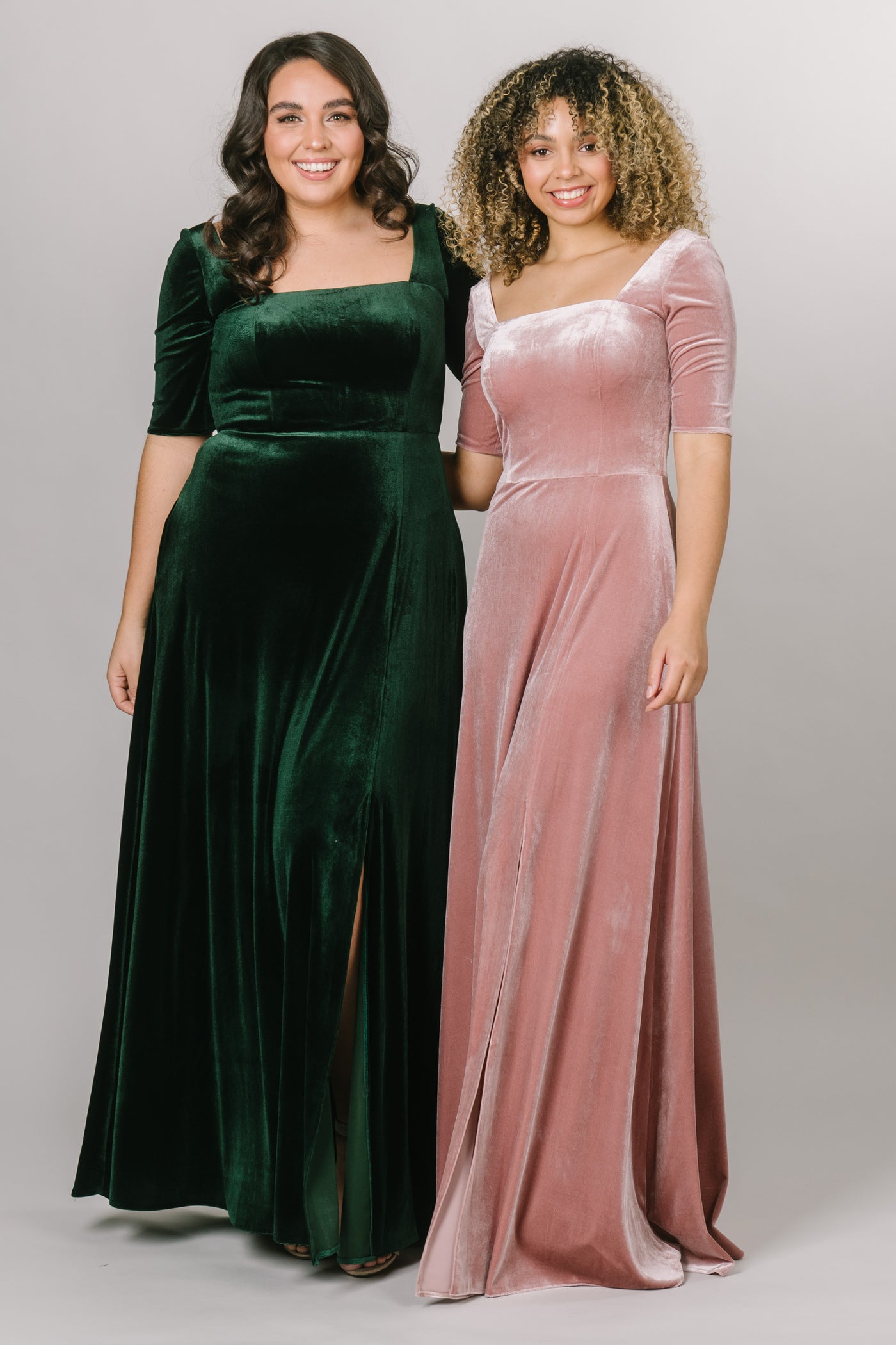 Modest Dresses - Modest Prom Dress - Formalwear Modest Dresses - Bridesmaid Modest Dresses.  Green and pink dresses side by side.