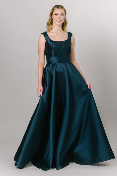 Modest Dresses - Modest Prom Dress - Formalwear Modest Dresses - Bridesmaid Modest Dresses  Blue prom dress with a scoop neckline and short sleeves. 