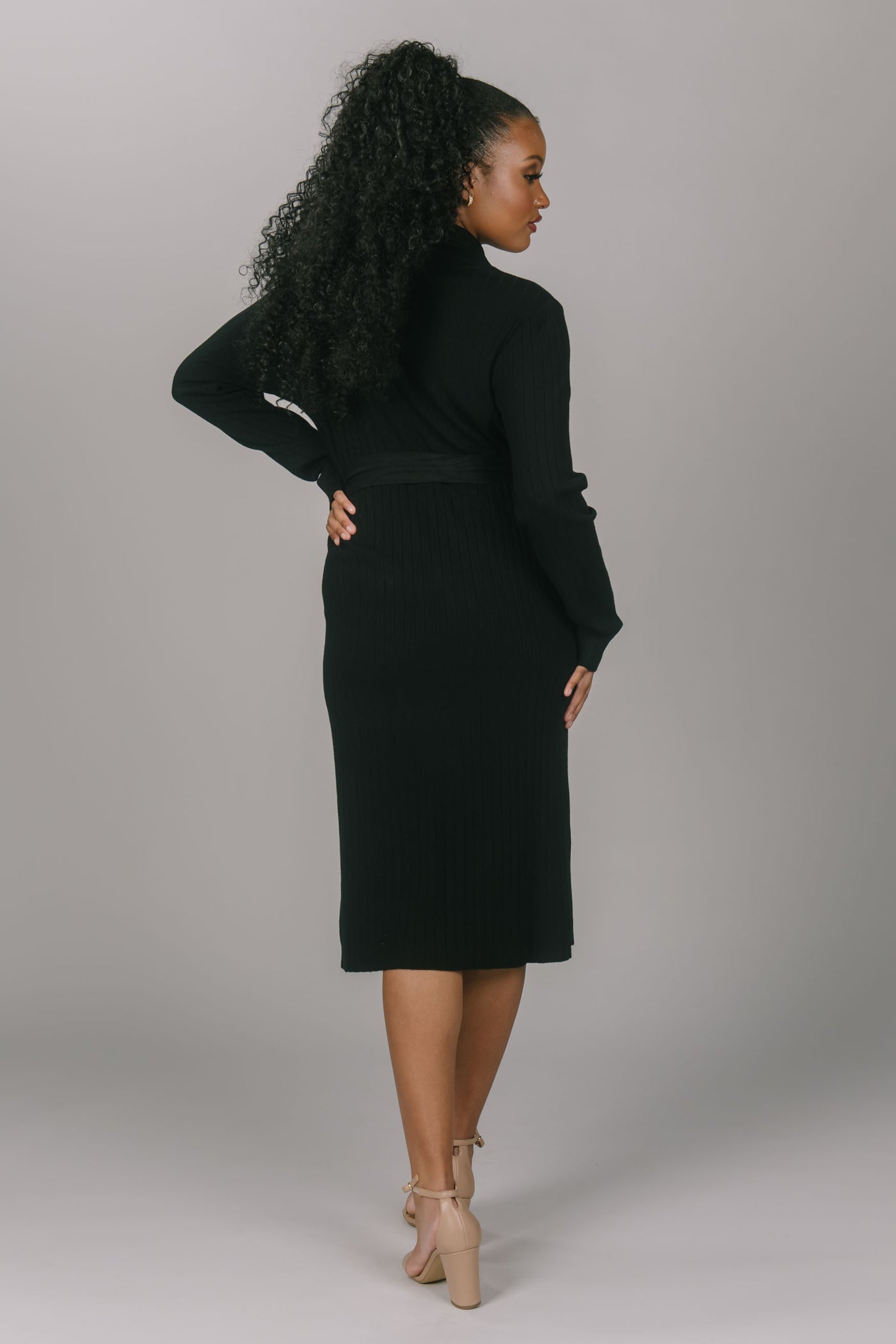 Back view of modest black sweater dress. It has a tie at the waist and a turtleneck. This dress is long sleeved, making it the perfect winter modest dress for church.