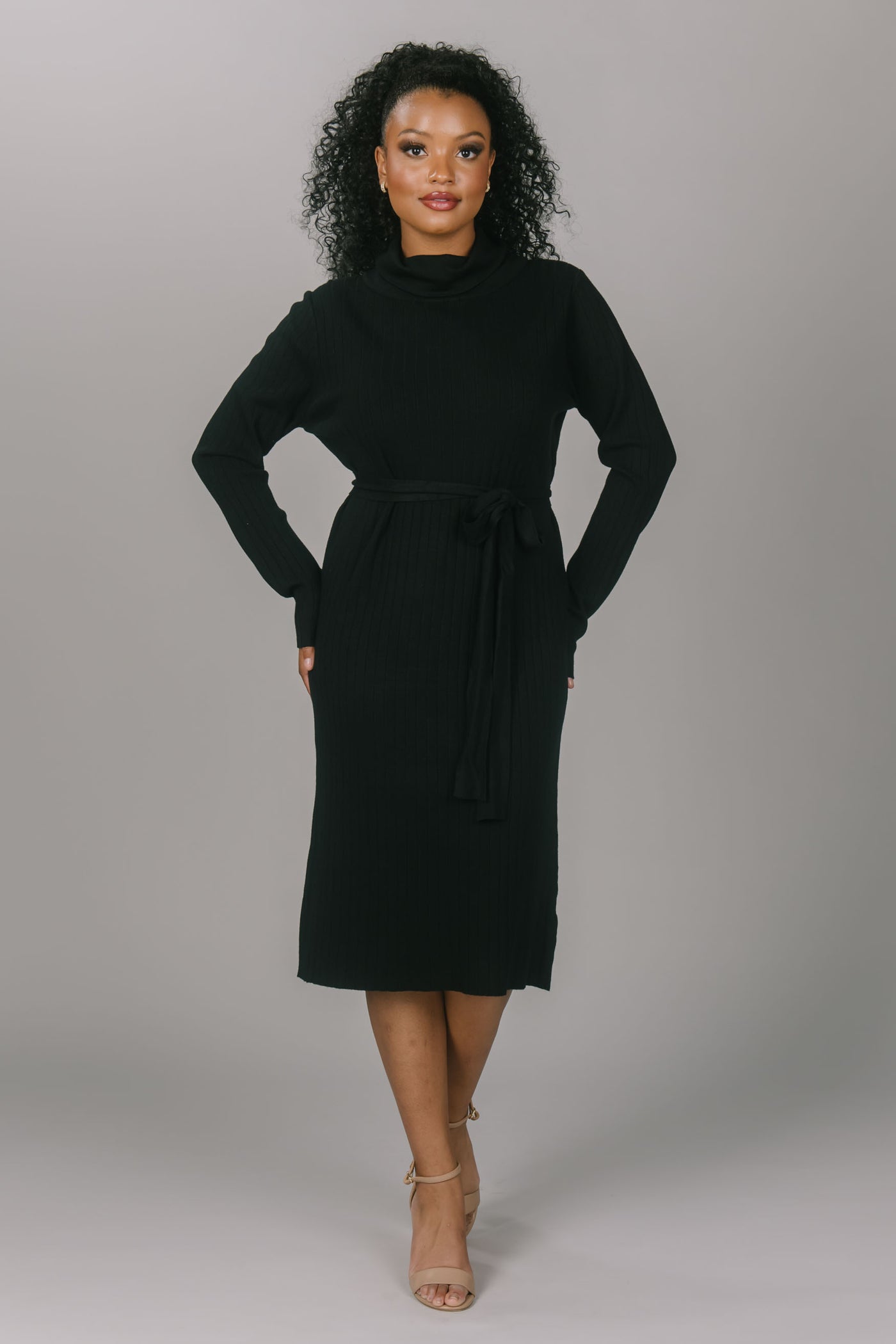 Front view of modest black sweater dress. It has a tie at the waist and a turtleneck. This dress is long sleeved, making it the perfect winter modest dress for church. 
